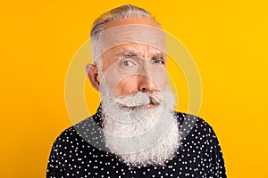 Photo of old charming man suspect look you interested question isolated on shine yellow color background