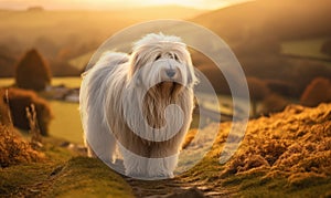 Photo of Old English sheepdog elegantly standing amidst a picturesque countryside illuminated by soft rays of golden sunlight