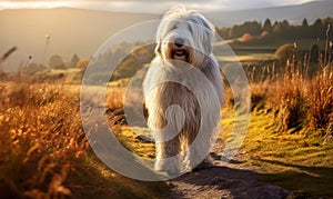 Photo of Old English sheepdog elegantly standing amidst a picturesque countryside illuminated by soft rays of golden sunlight