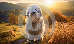 Photo of Old English sheepdog elegantly standing amidst a picturesque countryside illuminated by soft rays of golden sunlight