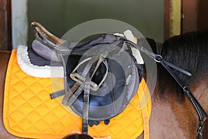 Photo of old leather saddle with stirrups