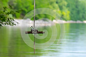 Photo of an old rope swing tied to a tree hanging over a quiet stream