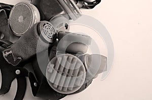photo of old-style respirators in monochrome