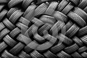 Old used car tires. A pile of black tires, abstract background. photo