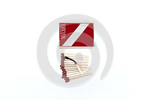 Photo of one burnt matchstick on the open matches with box