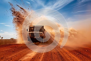 A photo of an open truck driving on a red dirt road in the outback, splashing dust and debris behind it