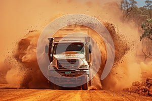 A photo of an open truck driving on a red dirt road in the outback, splashing dust and debris behind it