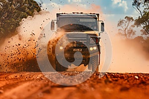 A photo of an open truck driving on a red dirt road in the outback, splashing dust and debris behind it