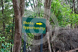 Photo opportunity sign in yellow text on green background