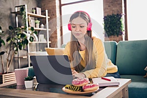 Photo of optimistic disciplined cute girl with straight hairdo dressed yellow pullover writing on laptop listen podcast