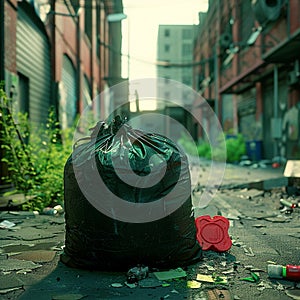 Photo Overflowing garbage sack beside building, neglect and littering concept