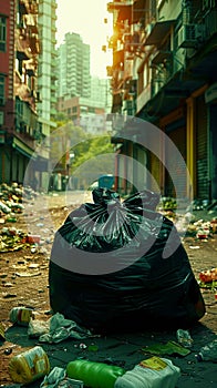 Photo Overflowing garbage sack beside building, neglect and littering concept