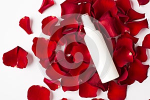 Photo overhead of roses spray bottle and petals isolated on the white background