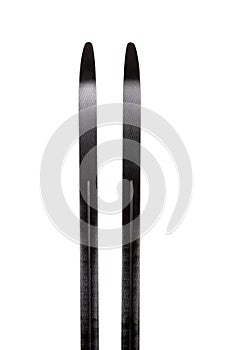 Photo of pair of black skis on empty background