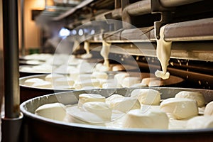 Photo of a pan filled with marshmallows on a kitchen counter. Industrial cheese production plant. Modern technologies. Production