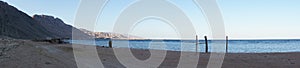 Photo panorama. Beautiful seascape of the Red Sea in the Gulf of Aqaba. Dahab, South Sinai Governorate, Egypt