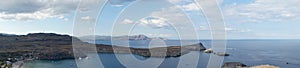 Photo panorama. View of Lindos beach in August. Lindos, Rhodes Island, Dodecanese, Greece