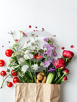 Photo of a paper bag filled with fresh vegetables and flowers on a white background, in the aes