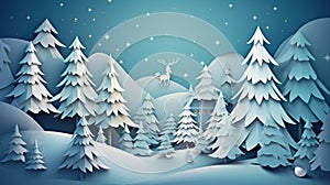 Photo of a paper cut artwork depicting a serene snowy forest with a majestic reindeer