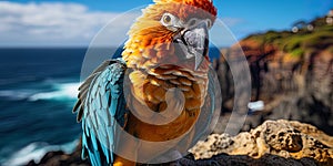 A photo of a parrot with bright feathers, against the background of rocks and a foggy ocean, creat