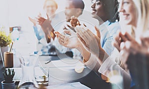 Photo of partners clapping hands after business seminar. Professional education, work meeting, presentation or coaching photo