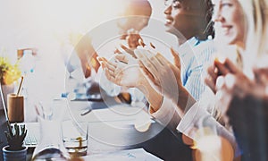 Photo of partners clapping hands after business seminar. Professional education, work meeting, presentation or coaching photo