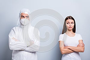 Photo of patient lady guy expert doc virology examination covid arms crossed look distrustful wear face mask hood