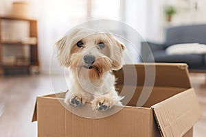 Photo of pedigree cute dog poses on pile of cardboard boxes, relocate in new flat