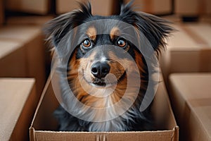Photo of pedigree cute dog poses on pile of cardboard boxes, relocate in new flat
