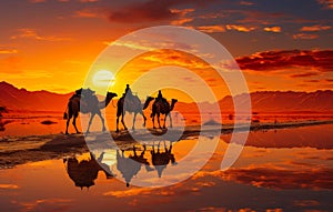 Photo of people enjoying a camel ride in the desert. A group of people riding on the backs of camels