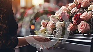 Photo of a person paying their final respects by placing flowers on a casket