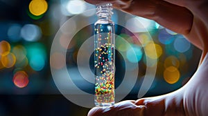 A photo of a persons hand holding a small vial of clear liquid containing tiny colorful particles. The caption describes