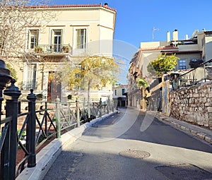 Photo of the picturesque Tripodon street in the neighborhood of Plaka in Athens, Greece.