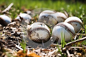 Photo of a pile of baseballs on the lush green grass