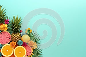 pineapple, orange fruit and flower in isolated blue background with copy space ai generated