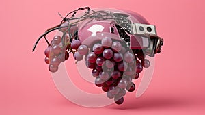 a photo of a pink object with a bunch of grapes attached to it