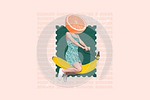 Photo placard advert fresh juice fruits collage woman head orange slice absurd riding banana summertime vibe  on