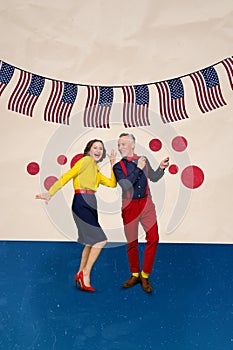 Photo placard collage of two old people lovers partners together spend dancing american party veterans day isolated on