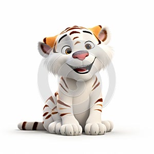 Comical Cartoon Tiger Sitting On White Background - Pixar-style 3d Animation photo
