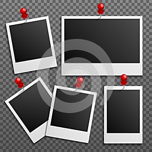 Photo polaroid frames on wall attached with pins. Vector set