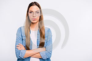 Photo portrait of attractive clever intellectual genius brainy lady holding hands folded near body isolated grey