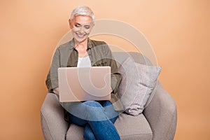 Photo portrait of attractive retired woman sit armchair hold netbook eshop dressed stylish khaki clothes isolated on