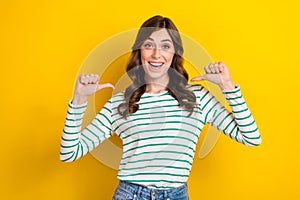 Photo portrait of attractive young woman pointing self excited winner lottery wear trendy striped look isolated on photo