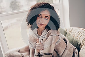 Photo portrait of attractive young woman sit armchair enjoy warmth dressed casual clothes cozy day light home interior