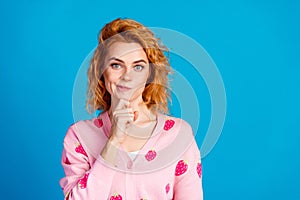 Photo portrait of attractive young woman touch chin minded dressed stylish pink clothes isolated on blue color