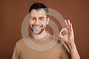 Photo portrait brunet man wearing pastel t-shirt showing okay gesture isolated brown color background