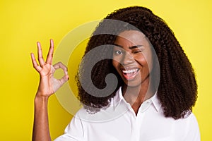 Photo portrait of business woman wearing formalwear showing okay gesture winking isolated vivid yellow color background