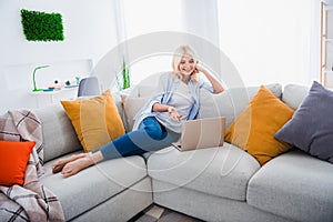 Photo portrait of charming retired woman sit sofa communicate video call netbook weekend stylish home decor living room