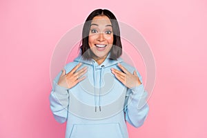 Photo portrait of charming young girl pointing self excited award lucky glad dressed stylish blue clothes isolated on photo