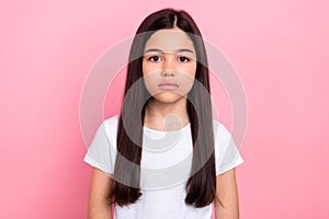 Photo portrait of cute schoolgirl look camera long hair model dressed stylish white clothes isolated on pink color